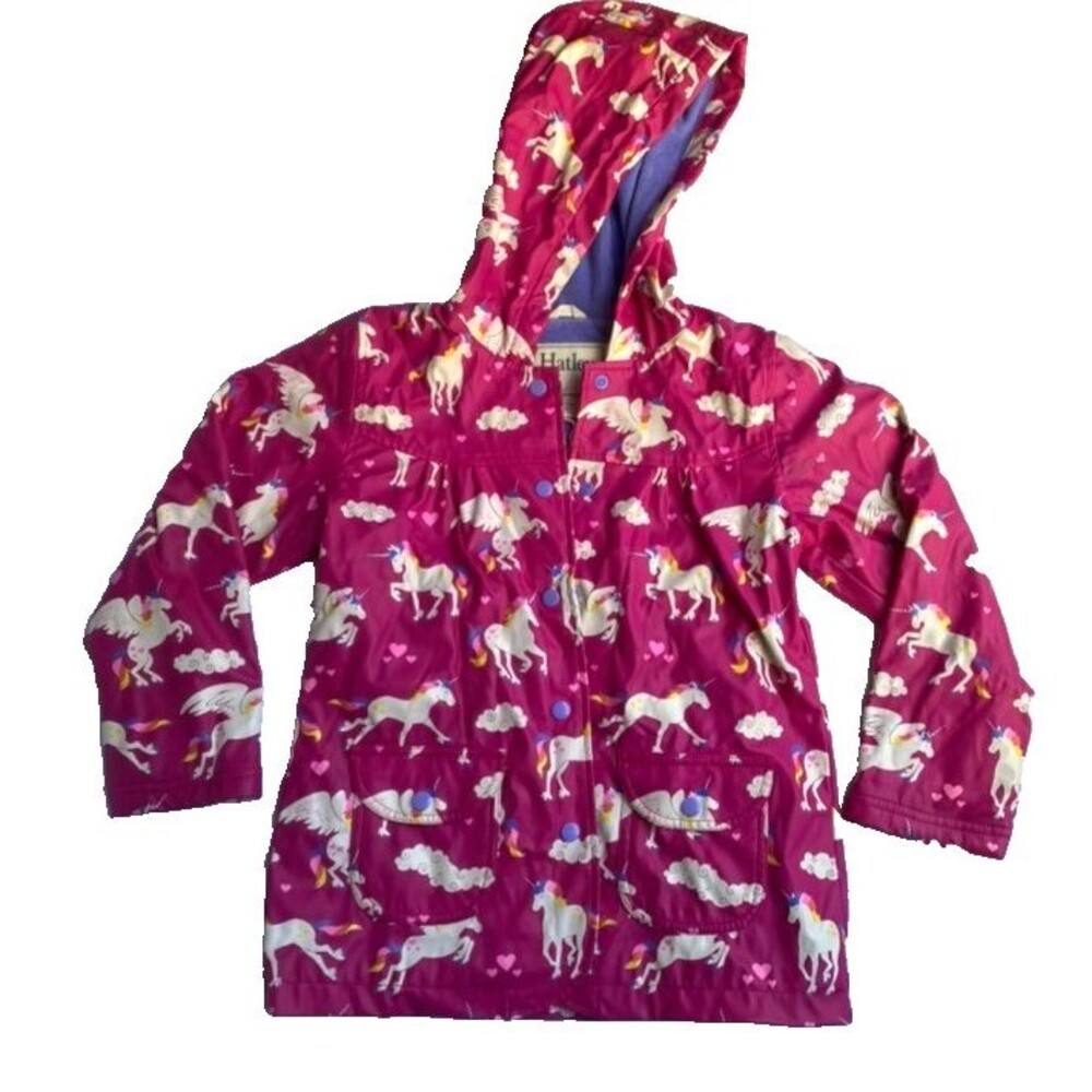Hatley Girls Rain Jacket Pink Unicorns Purple Cloth Lined Hood Snap Close Size 7